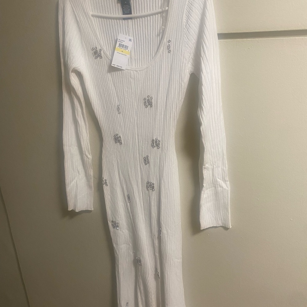 Chic Long Sleeve White Dress with Silver Details